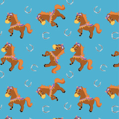 Seamless pattern with cute funny horse and horseshoe