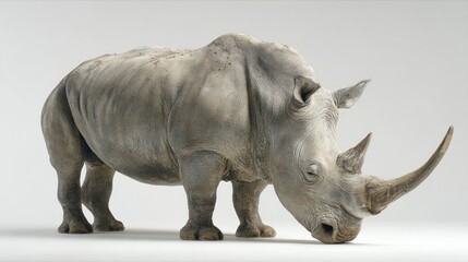Obraz premium A rhinoceros in profile, facing forward, and slightly downward