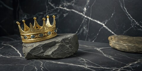 Golden crown resting majestically on a dark stone, symbol of luxury