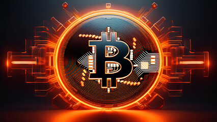Futuristic golden Bitcoin digital currency. Computer circuit board. Cryptocurrency mining. Sci-fi design blockchain logo for graphic design. llustration