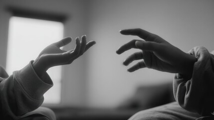 Two hands reaching towards each other in grayscale