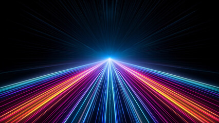 Abstract tunnel of a multicolor spectrum background. Bright rays of neon light and colorful glowing lines moving speed through the dark. 3d render