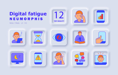 Digital fatigue set icon. Eye strain, screen time, overuse, burnout, stress, sleep disruption, device addiction, notifications, social media, tiredness, alert, pain, distraction, mobile overload.