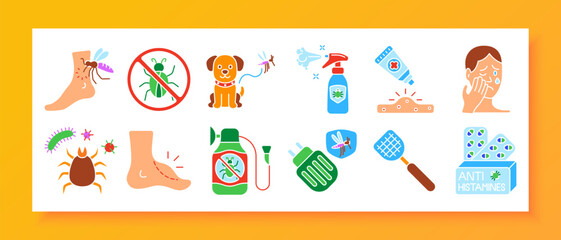 Obraz premium Insect control set icon. Icons include bug bite on foot, crossed-out insect sign, dog with mosquito, repellent spray, healing cream, irritated face, tick, bacteria, scratch mark, antihistamines