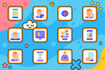 Sedentary lifestyle set icon. Bad posture, overweight body, desk tiredness, weight scale, cellulite, varicose legs, watching TV, pressure check, blood monitor, couch nap, sleep at desk, cold hands