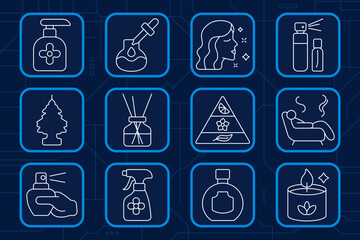 Fragrance set icon. Soap pump, oil dropper, beauty woman, atomizer, tree freshener, reed diffuser, scent triangle, rest chair, wrist spray, floral cleaner, round bottle, aroma candle.