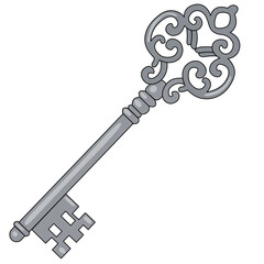Hand drawn antique key. Sketch style of vintage key on white background. Old design illustration. Vector.