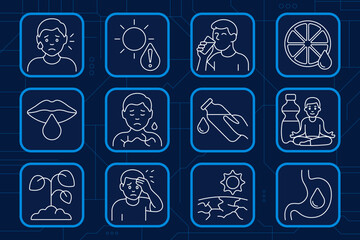 Water balance set icon. Dehydrated face, sunstroke, water glass, citrus hydration, dry lips, dry chest, pouring bottle, yoga with drink, wilted plant, forehead heat, cracked soil, dry digestion.