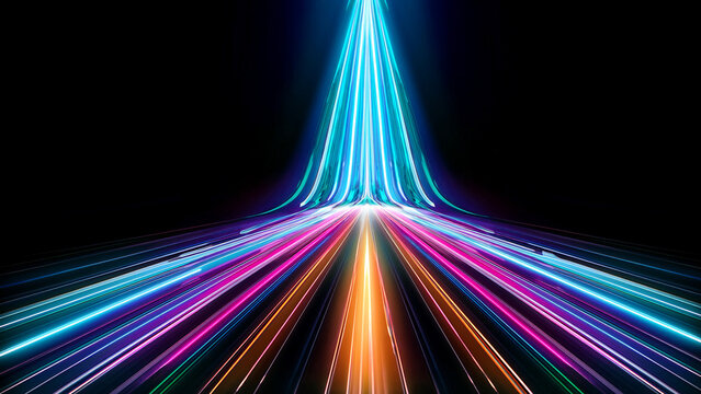 Abstract tunnel of a multicolor spectrum background. Bright rays of neon light and colorful glowing lines moving speed through the dark. 3d render