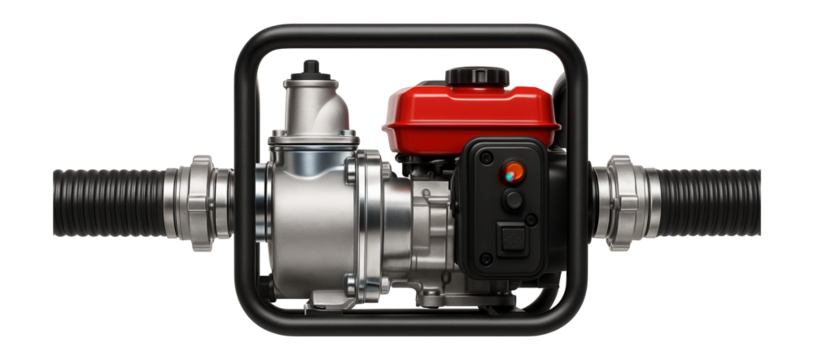 Gasoline-powered pump station with reinforced hose connections for emergency firefighting.