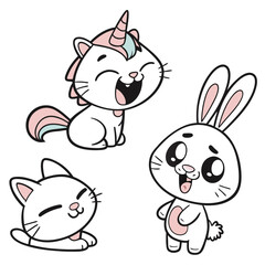 Obraz premium Chibi baby animals making silly faces: unicorn sticking out tongue, cat with puffed cheeks, bunny winking with one eye closed, fun vector icons with thick outlines