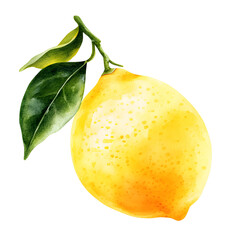 Watercolor PNG of a fresh lemon, painted in vibrant yellow tones with realistic texture. Perfect for summer designs, food illustrations, kitchen decor, healthy lifestyle themes, and citrus clipart