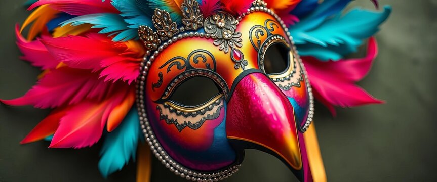 Whimsical vintage carnival mask; stylized vibrant parrot face, feathers, glitter, bright, animal