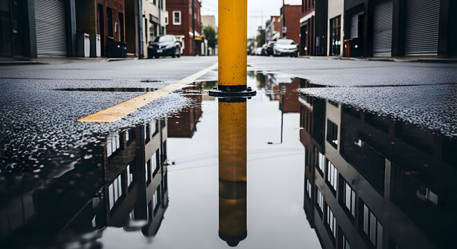 Urban reflections capturing a city street after rain with a yellow bollard reflecting in a puddle - Powered by Adobe
