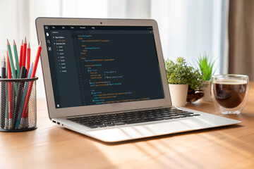 Software development programming on computer screen for modish application and program coding