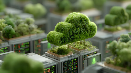 Green cloud shape atop server racks with glowing screens