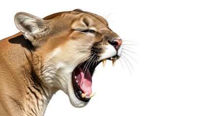 Obraz premium Close up of a cougar yawning showing sharp teeth and pink tongue isolated on transparent background