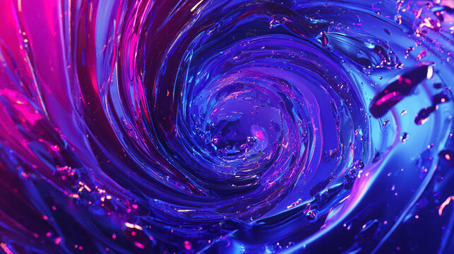 Blue purple neon hypertunnel. Spinning speed space tunnel made of twisted swirling energy. Magic glowing light lines. Abstract background