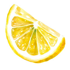 Watercolor PNG of a lemon slice, painted in bright yellow hues with detailed juicy pulp and rind texture. Perfect for summer designs, fresh food illustrations, kitchen decor, and citrus-themed clipart
