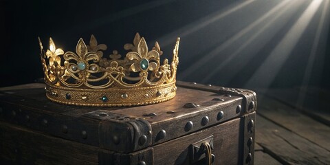 Majestic Golden Crown Resting Atop an Antique Treasure Chest, Bathed in Light