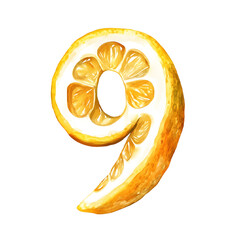 Watercolor PNG of the number "9" shaped like a lemon, hand-painted in bright yellow tones. Ideal for kids’ birthday decor, educational printables, nursery art, and cheerful citrus-themed number clipar