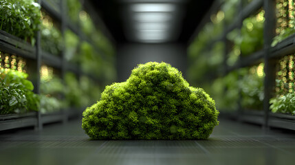 Green cloud shape made of moss in vertical farm indoor farming