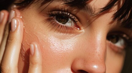Close-up of a beautiful woman with clear skin applying face cream as part of her skincare routine. Perfect for beauty, skincare, and cosmetic advertisements or promotions