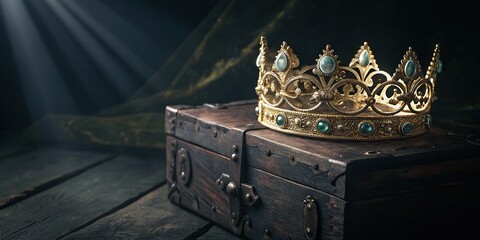 A gleaming golden crown rests upon an antique treasure chest in the dark