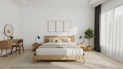 Serene Minimalist Bedroom: Light Wood Bed, Neutral Decor, Natural Light, and Mock Frames.