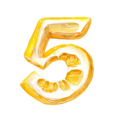Watercolor PNG of the number "5" shaped like a lemon, painted in bright yellow tones. Ideal for birthday invitations, kids’ learning materials, nursery prints, and citrus-themed number clipart.