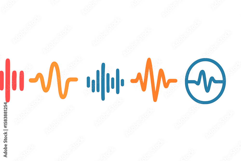 Poster a set of vector icons representing acoustics and sound in a thin line style