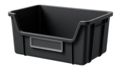 Large capacity plastic bin with integrated label holder for inventory management in a retail environment.