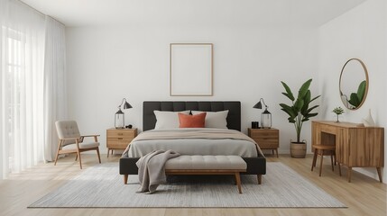 Modern Minimalist Bedroom Interior: Calming Neutral Tones, Stylish Mid-Century Furniture, and Serene Ambiance.