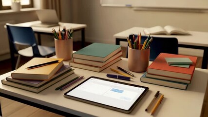 Tablet on a school desk surrounded by school supplies in a classroom setting - Powered by Adobe