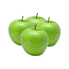 Premium Four Green Apple Fruit with Dew Isolated on Transparent Background. Green Golden Apples isolated. Macro, Sweet, Freshness, Top View, Vitamin, Fruits, Closeup, Healthy Eating, Diet