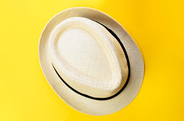Men vintage beach hat top view isolated on bright yellow background summer accessory