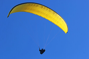Paraglider flying in a blue sky	