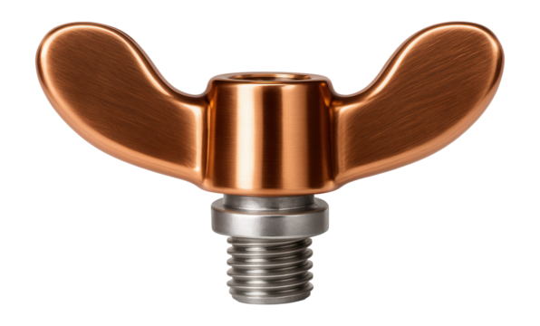 Copper wing nut with wide wings for electrical connections in industrial settings.