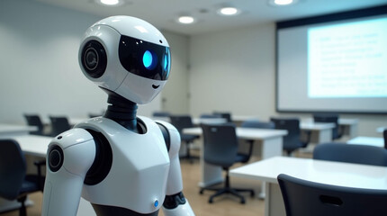 A white humanoid robot with a glowing blue face stands in a modern classroom or lecture hall