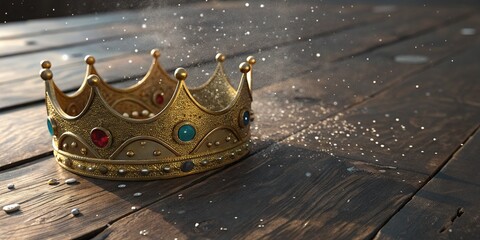 Ornate Golden Crown with Jewels Resting on a Rustic Wooden Table