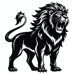 Fototapeta premium a lion standing and roaring, bold mane detail in profile view, vector illustration on white background, ideal for strength logos, leadership branding, and wildlife themes