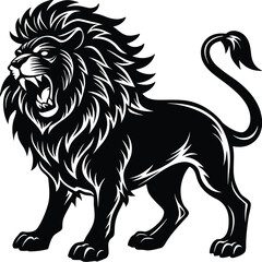 Naklejka premium a lion standing and roaring, bold mane detail in profile view, vector illustration on white background, ideal for strength logos, leadership branding, and wildlife themes