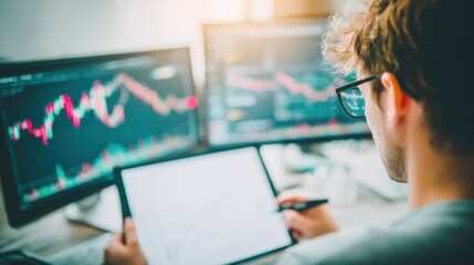 Market Analyst at Work: A focused individual, immersed in the dynamic world of financial analysis, meticulously examines market data. The image showcases the intersection of technology.