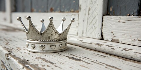 Silver crown adorned with hearts resting upon a weathered white wooden surface