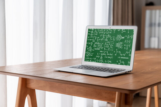 Mathematic equations and modish formula on computer screen showing concept of science and education