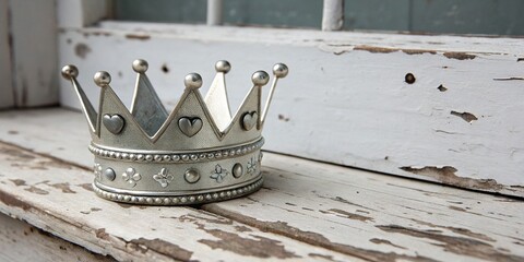 Silver crown with hearts on weathered white wood creating a vintage vibe