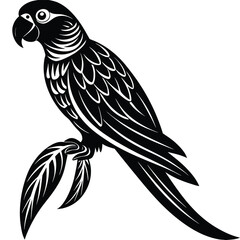 Obraz premium a parrot perched on a curved branch, side profile with distinct beak and long tail feathers, minimalist vector art illustration isolated on white background