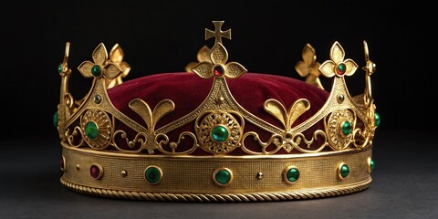 Exquisite Royal Crown with Velvet Cushion, Gold Accents, and Emerald Jewels