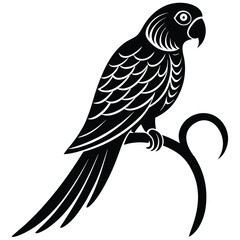 Fototapeta premium a parrot perched on a curved branch, side profile with distinct beak and long tail feathers, minimalist vector art illustration isolated on white background