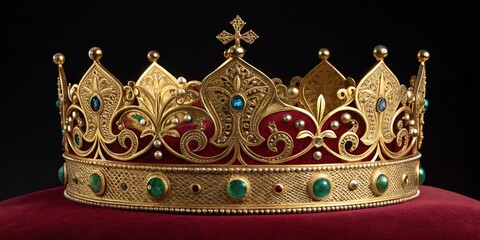 Elaborately Decorated Golden Crown with Red Velvet and Jewels Detailed Close Up